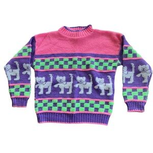 Vintage Hot Fudge Kitty Kitten Cat Neon Checkered Knit Sweater Purple Pink GUC